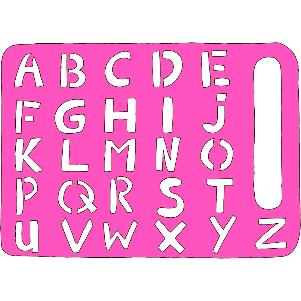 a dark pink abc format stencil style letterboard with black outlines.